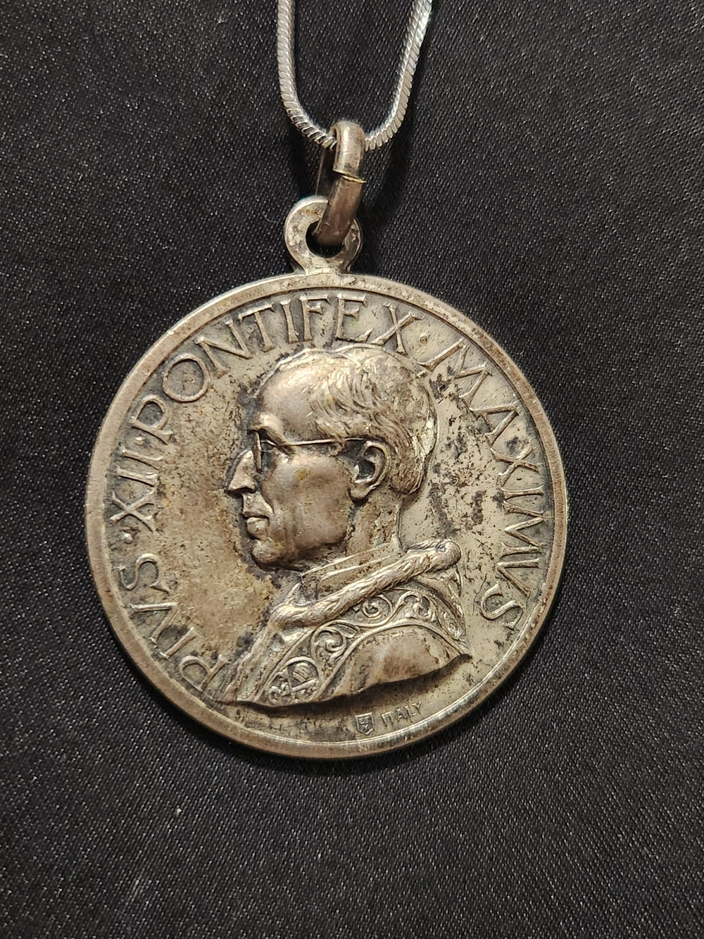 ​Vintage Italian Sterling Silver Papal Medal Pendant Necklace, Pius XII & Virgin